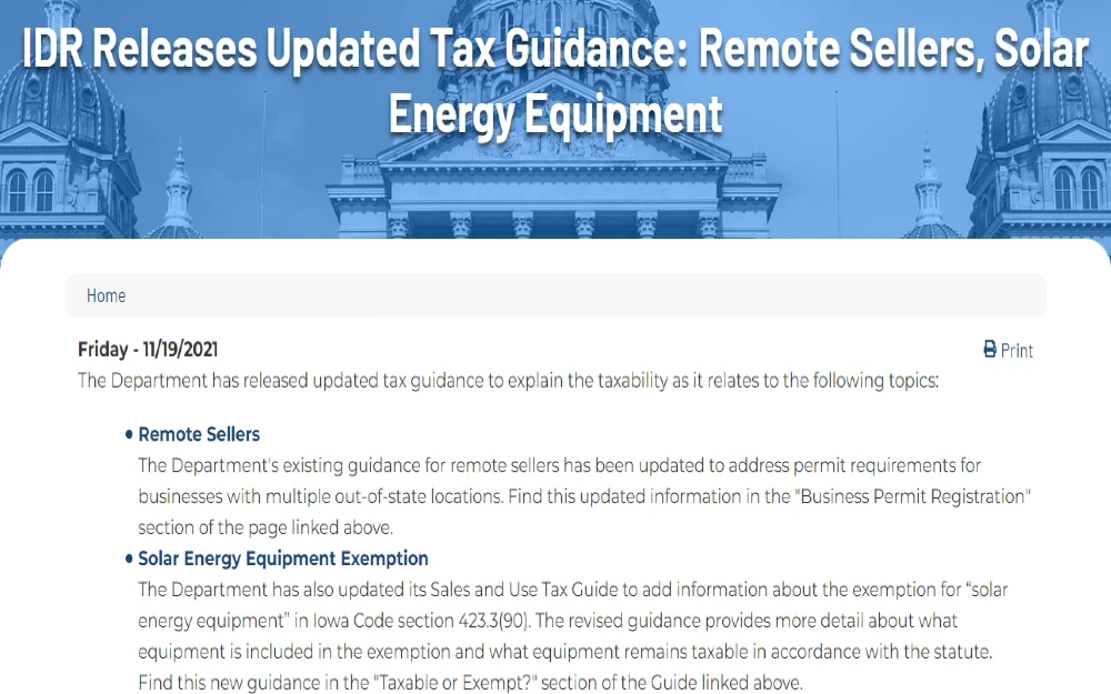 Screenshot of Iowa website for Department of Revenue website showing sales tax exemption on solar energy equipment.