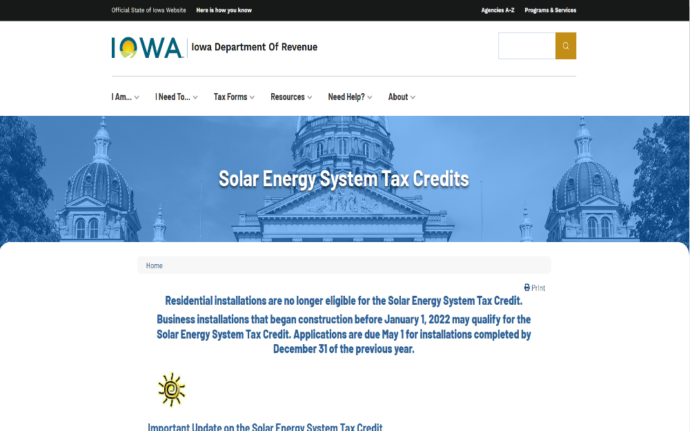 Screenshot of State of Iowa website showing section of solar energy system tax credits.